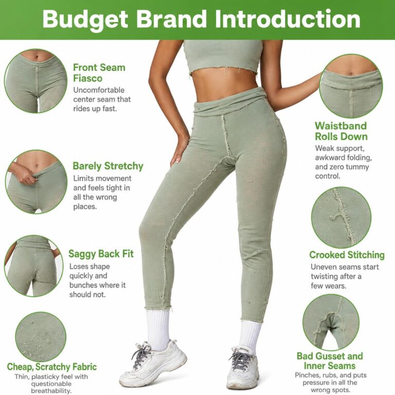 Typical budget leggings showing poor stitching, weak fabric, and an uneven fit